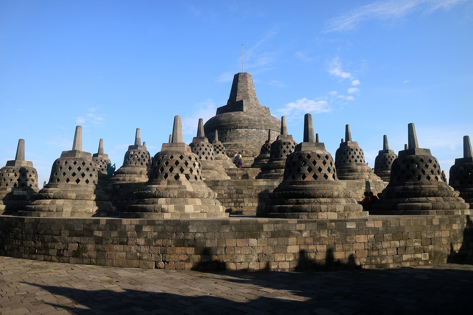 The central stupa and rings of smaller stupas on the upper terrace of Borobudur