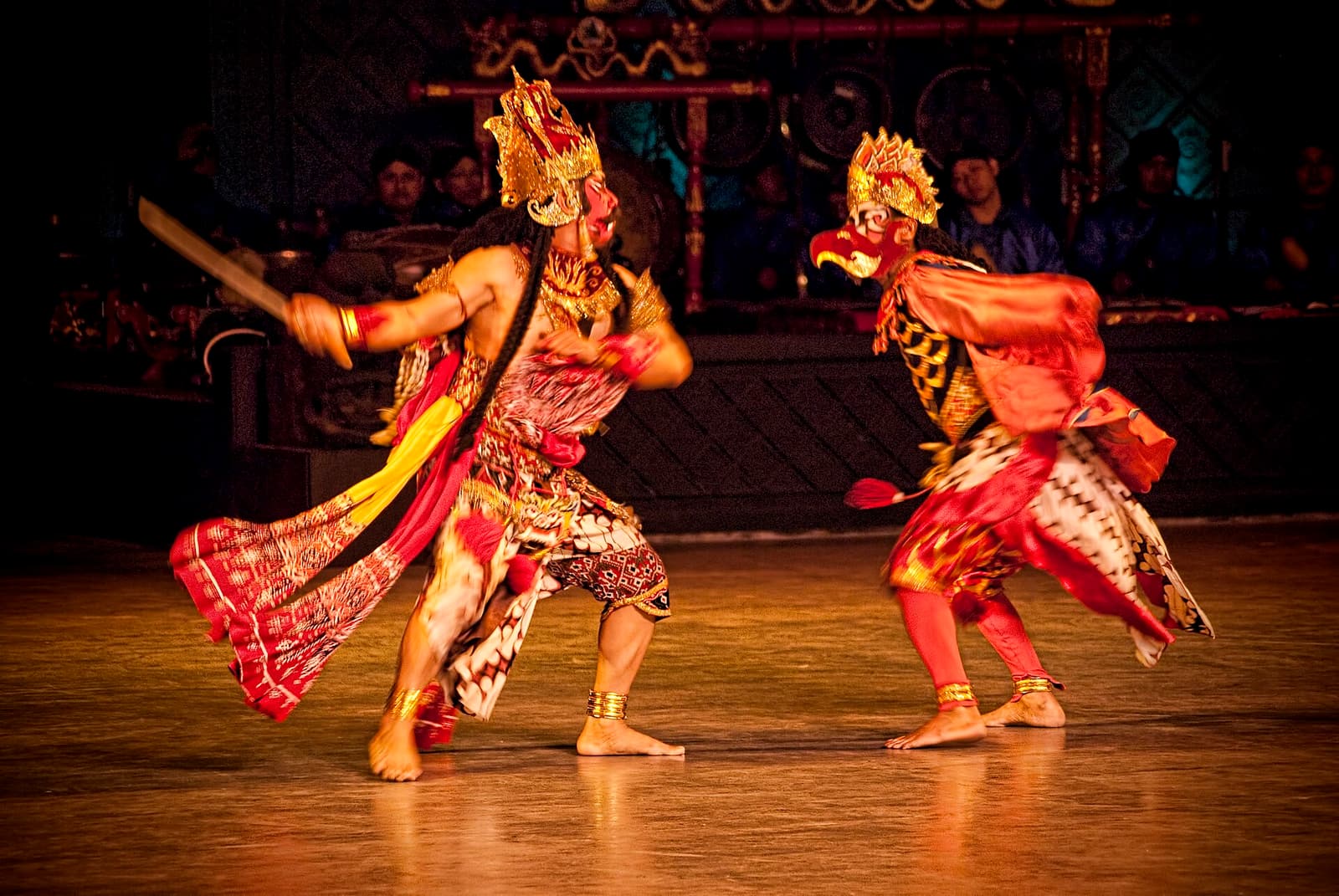 Two dancers in a fight scene of the Ramayana ballet at Prambanan