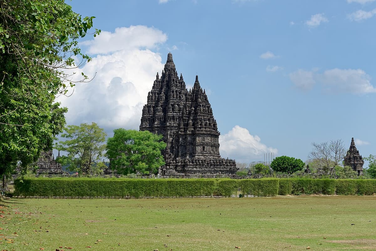 The Shiva temple of Prambanan seen across the lawns from the north